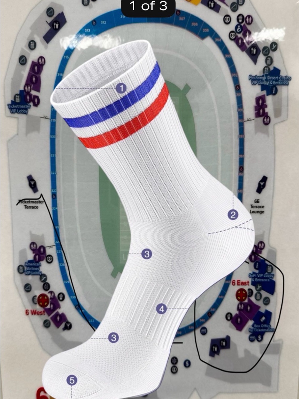 Men's White Athletic Crew Socks with Red & Blue Stripes